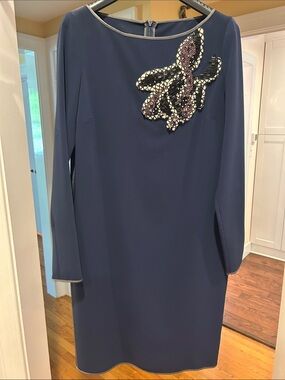 MaxMara Navy Long-Sleeve Shift Dress with Beaded Appliqué